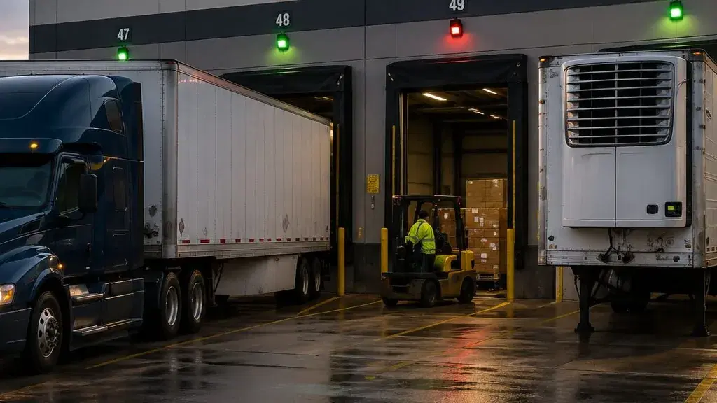 Trailers backed into numbered loading dock doors, with a forklift moving pallets through an open bay